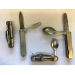 FOUR FOLDING KNIVES WITH CUTLERY ATTACHMENTS. A folding knife by Singleton & Priestman of