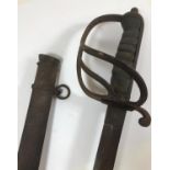 A CAVALRY OFFICERS SWORD AND SCABBARD. The sword with 3 bar handle, stepped pomel and rounded nut,