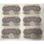 SIX CONSECUTIVE MAUVE TEN SHILLING NOTES. Six Mauve ten Shilling notes with consecutive numbers D61D