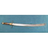 A WOODEN HANDLED SHORT SWORD. A short sword with 20" North African curved blade with wavy edge and