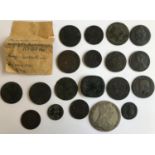 A GEORGE III FARTHING, TWO ROMAN COINS AND OTHERS. A small group of coins to include a George III