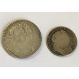 A WILLIAM AND MARY HALFCROWN AND SIMILAR SHILLING. A William and Mary Halfcrown dated 1689, first