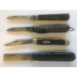 AN EARLY GOVERNMENT ISSUE KNIFE AND THREE OTHERS. An unusual wooden handled knife with flat ended