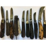 A COLLECTION OF BONE HANDLED AND SIMILAR FOLDING KNIVES. A two bladed bone handled knife with an 8cm