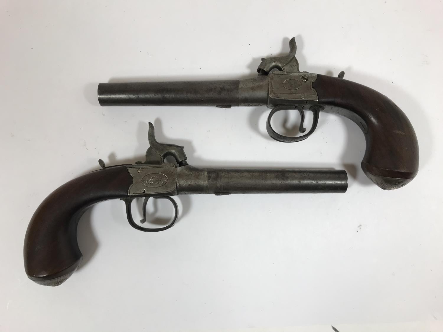 A PAIR OF PERCUSSION CAP PISTOLS BY P.BOND. A pair of percussion cap box lock pocket pistols with