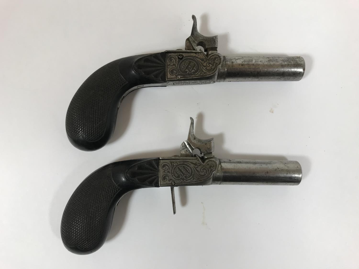 TWO PAIRS OF POCKET PISTOLS. A pair of percussion cap pocket pistols with octagonal screw off - Image 2 of 8