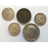 A GEORGE II SHILLING AND OTHER COINS. A George II Shilling, roses in angles, dated 1743, a George IV