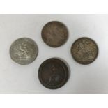 A GEORGE III CROWN AND THREE OTHER COINS. A George III Crown, 1819, LIX edge, another similar, a