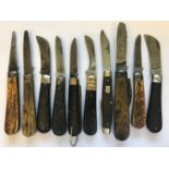 A COLLECTION OF TEN BONE HANDLED AND PRUNING KNIVES. A folding bone handled knife, the blade