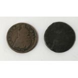 A CHARLES FARTHING AND A WILLIAM AND MARY FARTHING. A Charles II Farthing dated 1674 and a similar