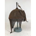 AN INDO PERSIAN KULAH KUD HELMET. With three plume holders, adjustable nose guard and chain mail