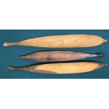 THREE ABORIGINAL WOOMERA. Three Aboriginal Woomera spear throwers, all with fibre bound points,