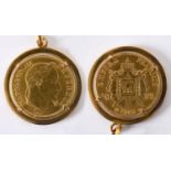 A FRENCH 50 FRANC GOLD COIN. A 50 Franc Gold coin dated 1863, in an unmarked mount and on a 9ct