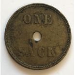 A CORNISH TOKEN, PENRYN. A token for J.R. Rowe, Budock Mills, One Sack, with hole to the centre,