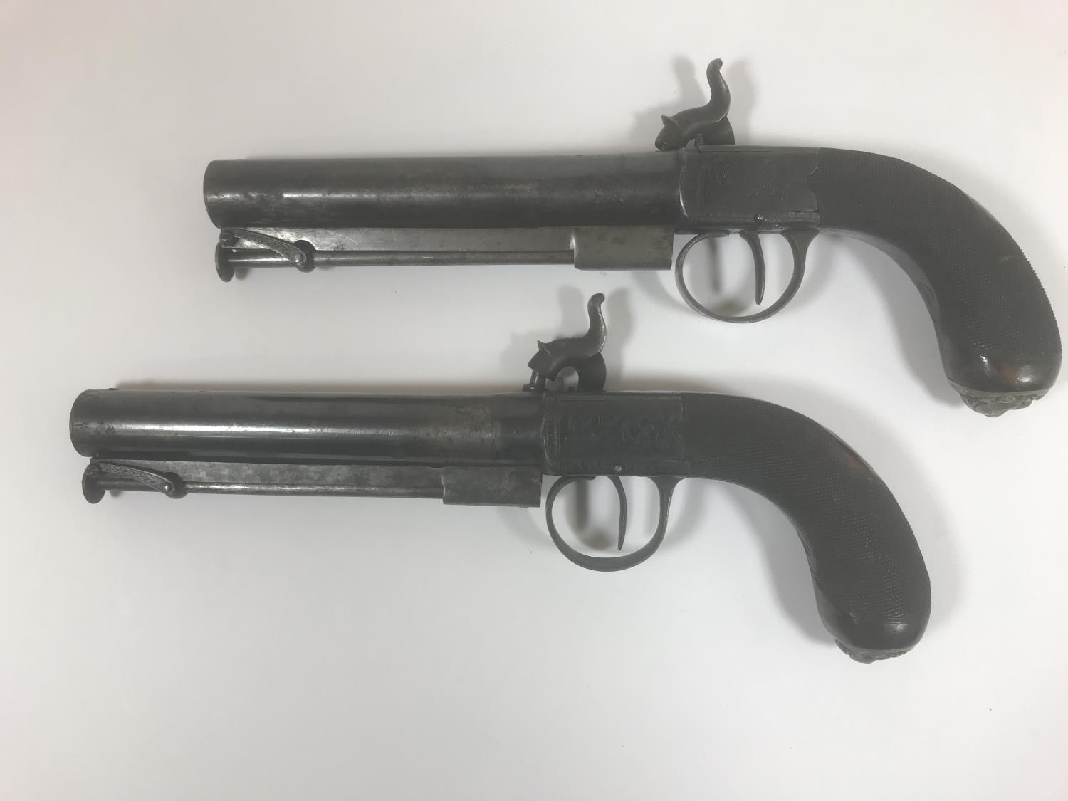 A PAIR OF BOX LOCK PISTOLS AND A POCKET PISTOL. A pair of box lock side hammer percussion cap pocket - Image 2 of 6