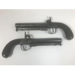 A PAIR OF BOX LOCK PISTOLS AND A POCKET PISTOL. A pair of box lock side hammer percussion cap pocket