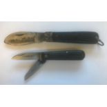 AN UNUSUAL CORN KNIFE AND A FISHING KNIFE BY RODGERS. A Corn Knife with 9cm shaped blade and moulded