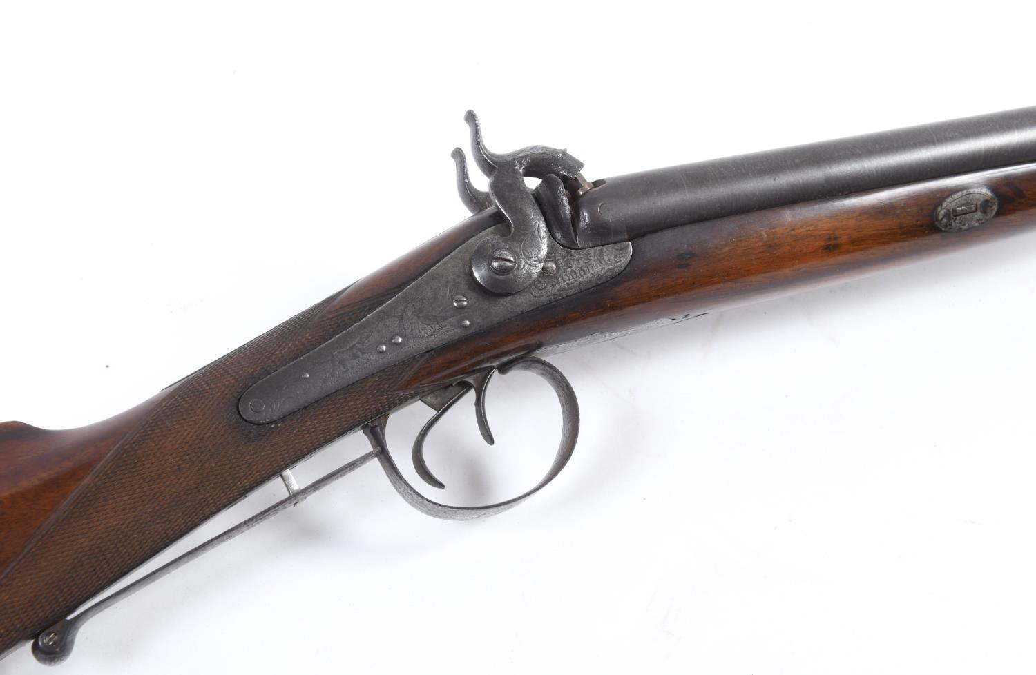 A DOUBLE BARREL PERCUSSION CAP SHOTGUN. A 16 bore double barrel shotgun with 74cm damascus barrels