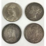 FOUR VICTORIAN CROWNS. Victorian Crowns: 1845, 1887, and 1889 (2). 4 coins.