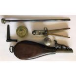 A REPRODUCTION GUN BOX AND ACCESSORIES. A reproduction gun box containing a small collection of