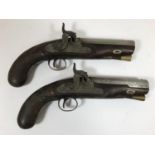A PAIR OF PERCUSSION PISTOLS BY FISHER OF BRISTOL. A pair of percussion travelling pistols, 16 bore,