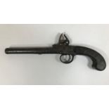 A FLINTLOCK PISTOL WITH SILVER WIRE DECORATION. A flintlock box lock pistol with 'cannon' barrel and
