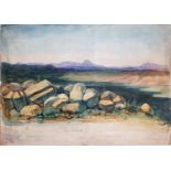 A WATERCOLOUR SKETCH OF MAJUBA HILL AND SURROUNDING LANDSCAPE. A watercolour sketch, a landscape,
