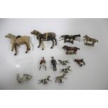 LEAD HORSES & HUNTING FIGURES including 3 painted metal horses with metal stands, hunting dogs,