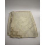 ANTIQUE BED COVERS including a large cream silk cover with an embroidered central panel of a pair of