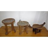 AFRICAN TRIBAL STOOLS including 2 similar stools with dish shaped tops and bead work decoration,