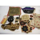 VINTAGE TEXTILES & OTHER ITEMS a mixed lot including a collection of woollen crewelwork motifs, an