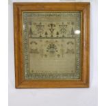 19THC SAMPLER - 1826 the top section embroidered with Stag's amongst trees and foliage, and with