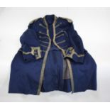 VINTAGE CLOTHING including a navy blue woollen coat with metal buttons and gold braid trimming, a