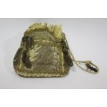 EARLY DRAW STRING BAG probably 18thc, an interesting silk bag with silver and gold coloured metallic