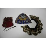 CHINESE SILK EMBROIDERED BAG a silk bag embroidered with Dragons and flowers, with a metal mount (