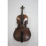 ANTIQUE CELLO probably 19thc, with a 2 piece back and rosewood tuning pegs. Bears a label inside,