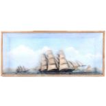 LARGE SHIP DIORAMA a large diorama of a masted Ship and 2 smaller masted Ships, with a painted