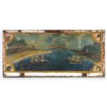 PRIMITIVE NAVAL PAINTING ON WOOD - FOLK ART probably painted on the lid of a Seaman's chest, with