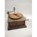 HMV GRAMOPHONE a wind up gramophone with metal arm and His Masters Voice Soundbox, with a wooden