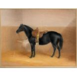 TWO 19THC PORTRAITS OF HORSES - 1882 including a pastel portrait of a bay horse in a landscape,