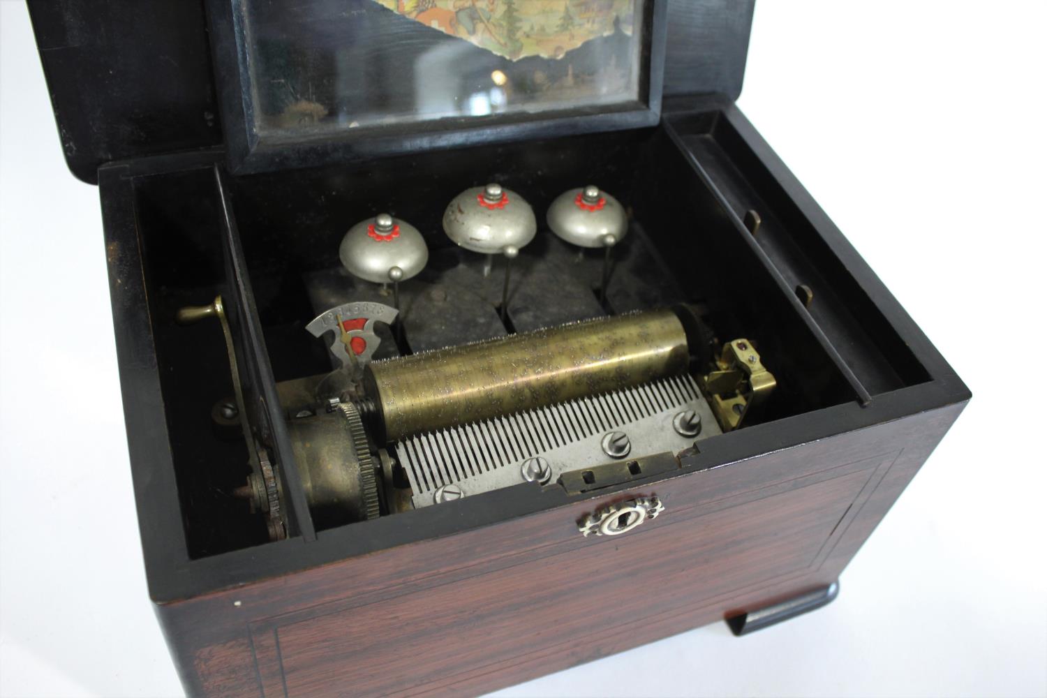 VICTORIAN MUSIC BOX - 8 AIRS a musical box with an 8 air movement and striking on 3 bells, with - Image 4 of 5