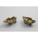 A PAIR OF VICTORIAN ELECTROPLATED CAST, NATURALISTIC SALTS in the form of shells with gilt interiors