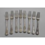 A MATCHED SET OF EIGHT KING'S PATTERN TABLE FORKS with Union Shell Heel, by two makers (Francis