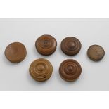 A GROUP OF FIVE MEDAL BOXES with screw covers in a light-coloured hardwood (perhaps boxwood) with