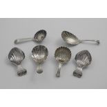 SIX VARIOUS CADDY SPOONS with fluted bowls, including a pair with initials, by Peter Anne &