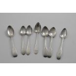 SEVEN VARIOUS SCOTTISH PROVINCIAL TEA SPOONS:- A Fiddle pair initialled "C" by Rettie & Sons,