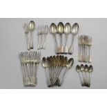 MISCELLANEOUS FLATWARE:- A set of six Victorian Fiddle pattern table forks, nine Fiddle & Thread