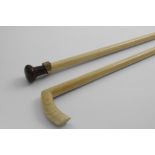 A 19TH CENTURY IVORY WALKING STICK with a curved handle, and another ivory walking stick with a