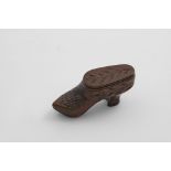 A LATE 18TH / EARLY 19TH CENTURY FRUITWOOD SHOE "LOVE TOKEN" SNUFF BOX carved with foliate sprays