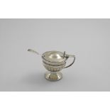 A GEORGE III SCOTTISH MUSTARD POT with part fluting and blue glass liner, initialled underneath,